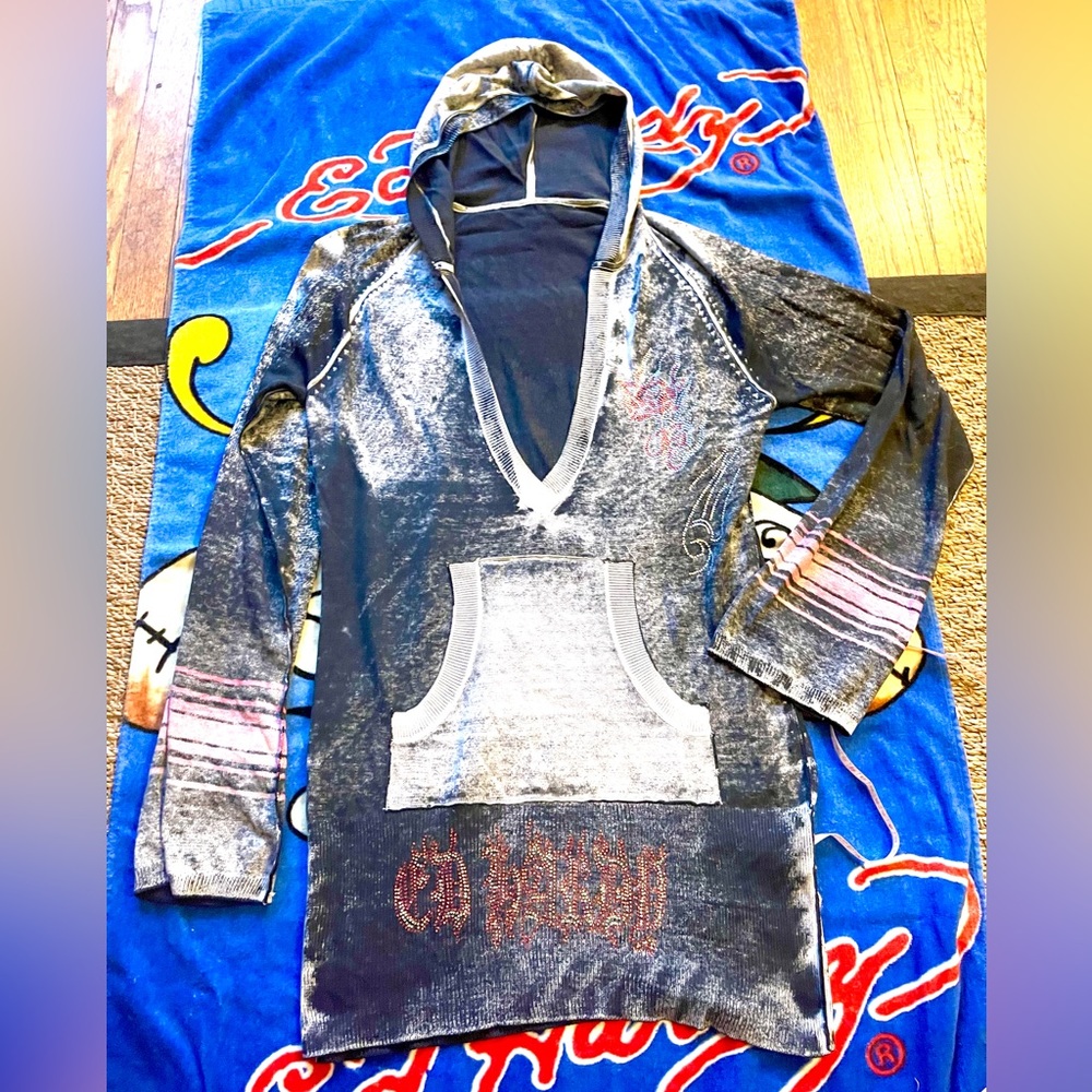 Ed Hardy Christian Audigier hooded pullover burnout acidwash hoodie sweater Y2k - Picture 2 of 8